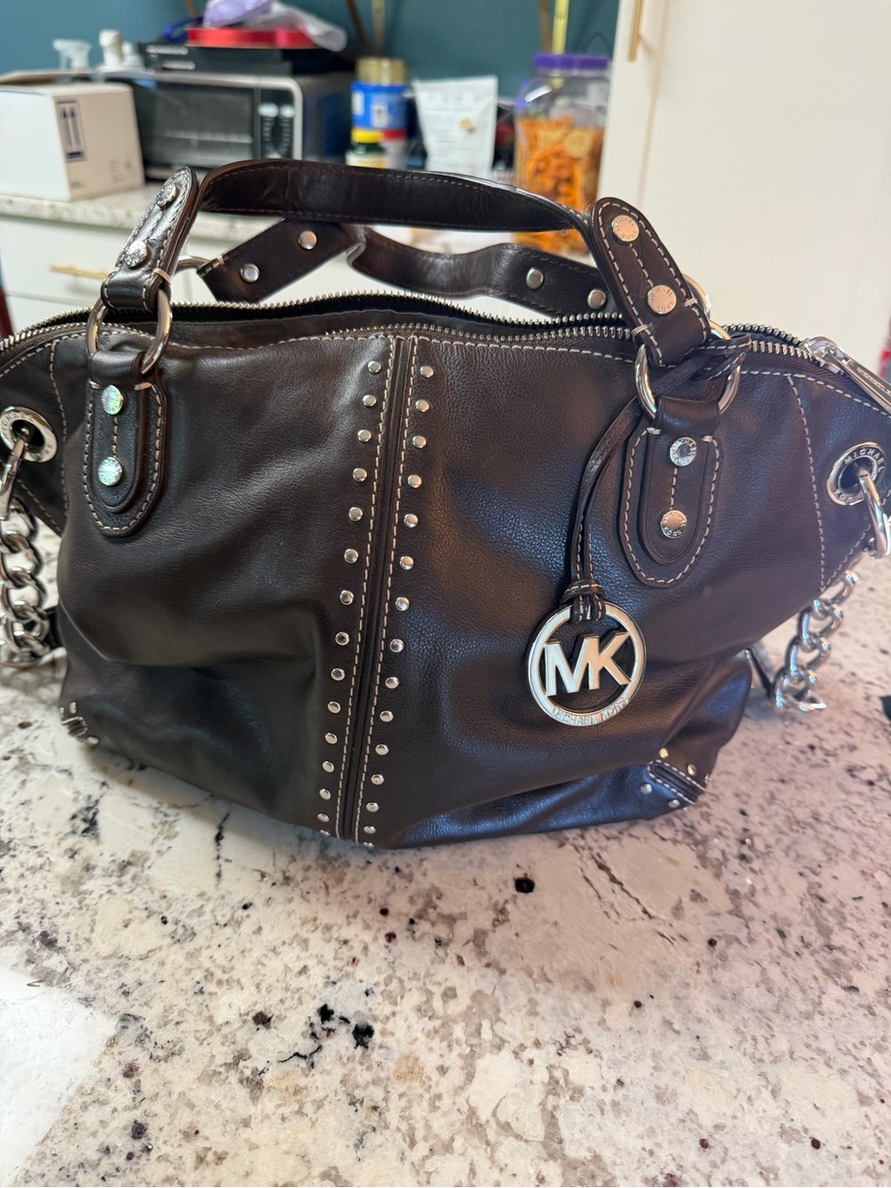 Michael Kors Brown Leather Studded Shoulder Bag with MK Charm